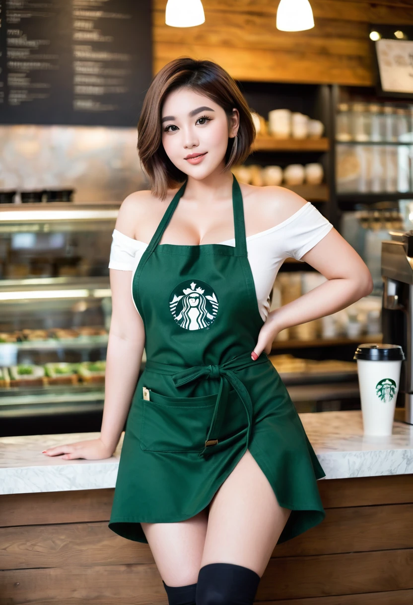 Cool beauty, looks sweet, bob hair style (only wearing dark green starbuck apron, off-shoulders), show clavage, show big thigh, plump body, huge breast, full body photo, squat pose. Side view.nd.in coffee shop