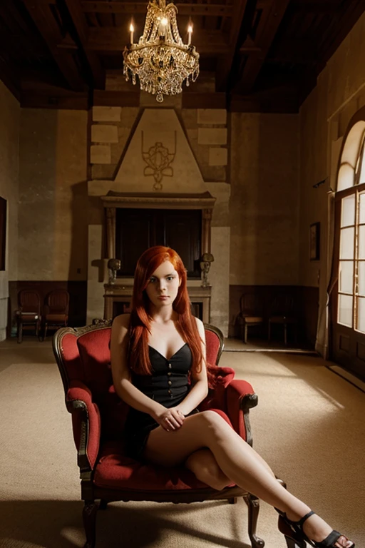 A girl with red hair sitting on a long chair at a beautiful castle 