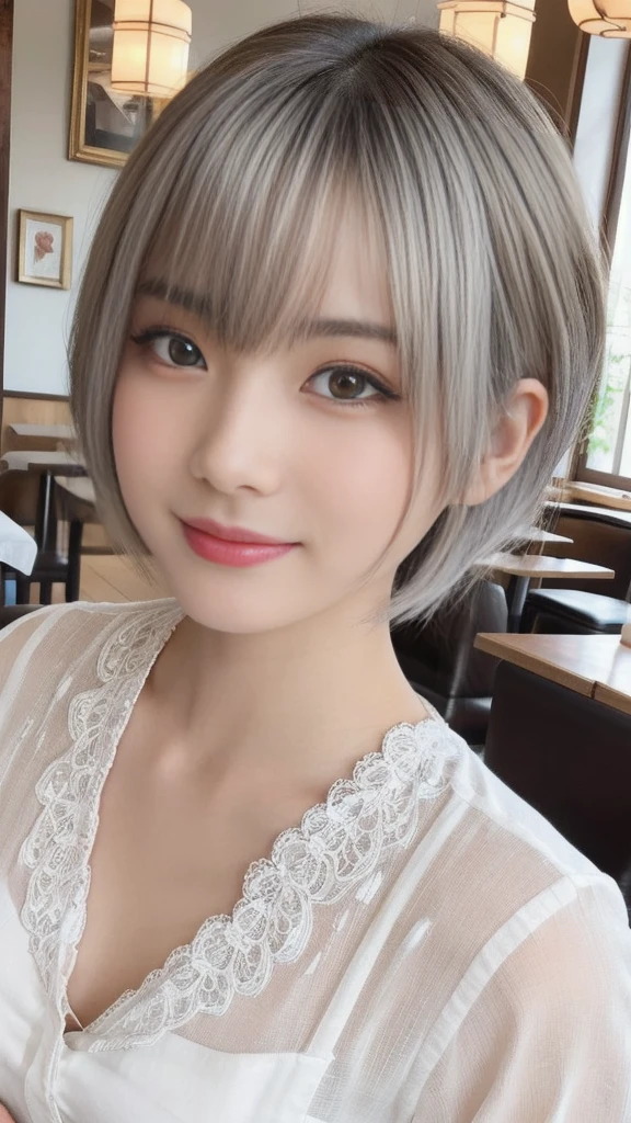 (1 young ultra Cute japanese girl,short silver hair,porcelain white skin,slender figure,lacy shirt,sitting in Italian cafe,drinking black tea,beautiful detailed eyes,long eyelashes,charming dropped eyes,lovely smiling lips,extremely detailed face without makeup:2.0),best quality,4k,8k,highres,masterpiece,ultra-detailed,realistic,photorealistic,photo-realistic,HDR,UHD,studio lighting,ultra-fine painting,sharp focus,physically-based rendering,extreme detail description,professional,vivid colors,bokeh,portraits,soft pastel colors,natural lighting,cinematic composition