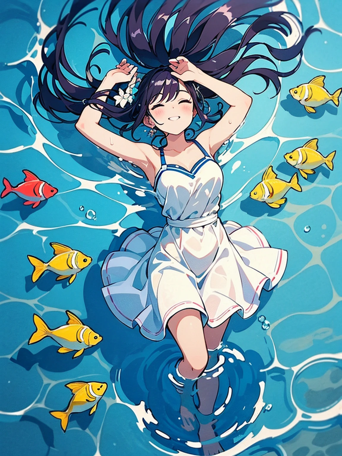 深いPool上に立つ, ((from above:1.5)), From above, Overlooking、Woman dancing in a dress、Bottom Fish, Lots of aquatic life, Pool, Fish shadow