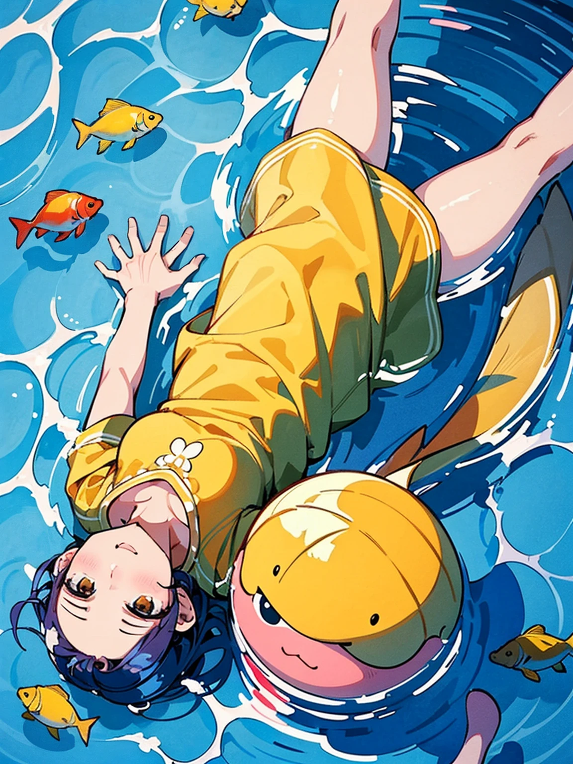深いPool上に立つ, ((from above:1.5)), From above, Overlooking、Woman dancing in a dress、Bottom Fish, Lots of aquatic life, Pool, Fish shadow
