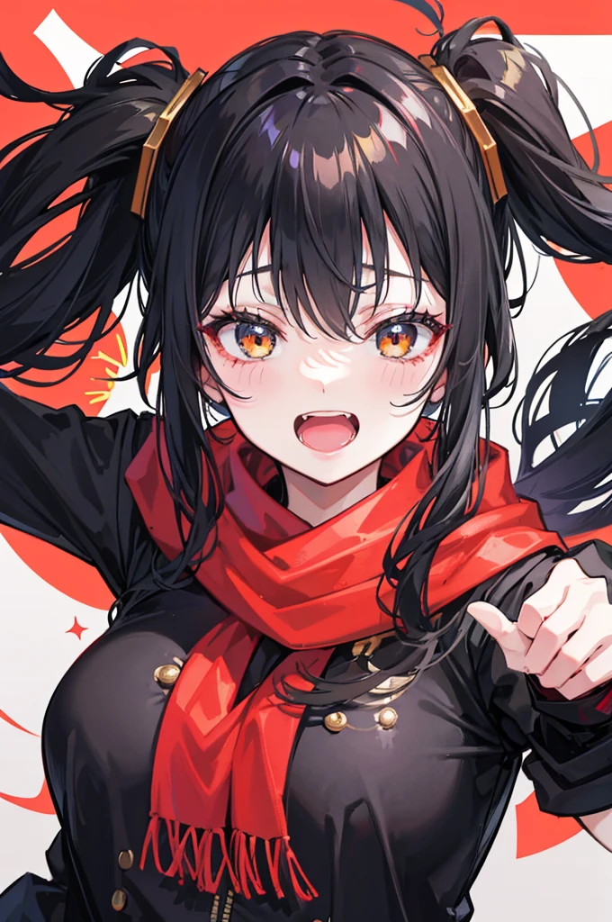 black side ponytail, stupid hair, portrait, passionate fool, girl, Laugh loudly and energetically, golden eyes, red cloth scarf, B cup, Black Jacket, hero