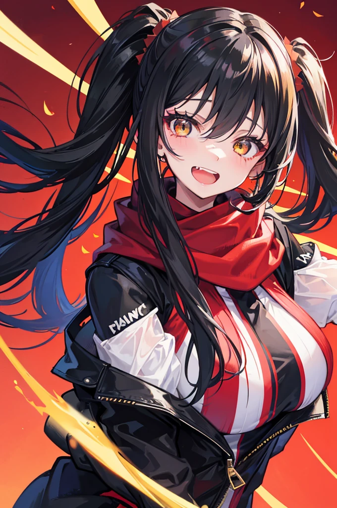 black side ponytail, stupid hair, portrait, passionate fool, girl, Laugh loudly and energetically, golden eyes, red cloth scarf, B cup, Black Jacket, hero