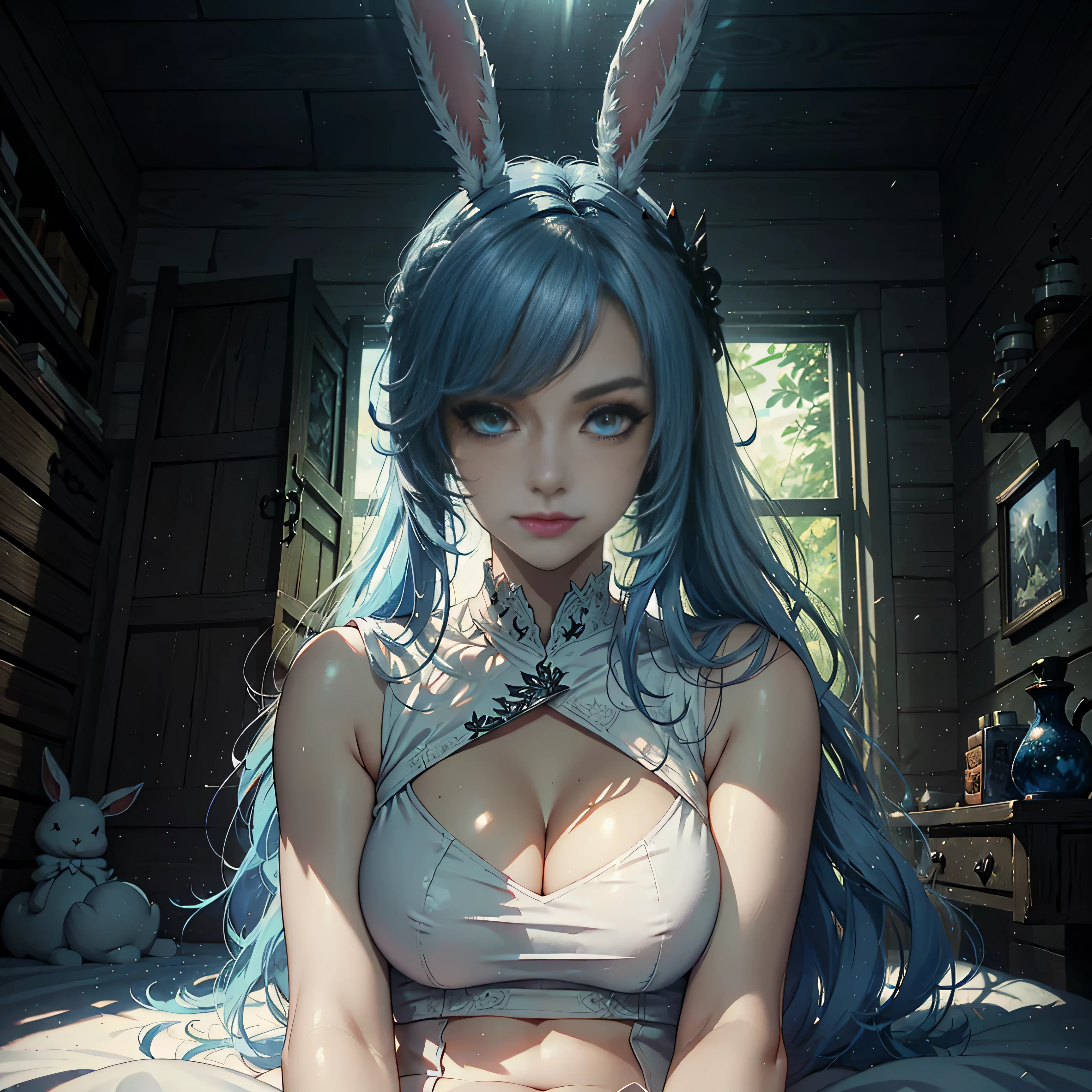 1girl, (solo), FFXIV_Viera, long hair, light blue hair, long rabbit ears, blue eyes, smile, arrogant, small lips, big breasts, big tall, white crop top, deep neckline, white skirt, black boots, white skin, full body, vagina view, naked vagina, lying on bed, crossed legs, medieval japanese room, (days), (very sexy body, detailed face, detailed eyes, masterpiece, highly detailed, 8k, best quality, vibrant colors, digital art, concept art)