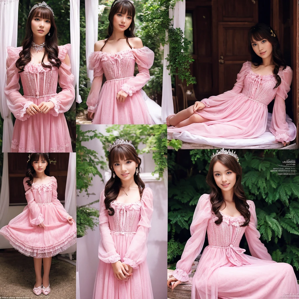 Highest quality, masterpiece, Highest Resolution, artwork, super Get used to it, many become close, become close, Get used to it, woman, ,The two girls are princesses,pink victorian dress,Long sleeve,Long dress,A dress with lots of ruffles and ribbons.,luxury,Kiss for two,High quality dress,luxuryな寝室の中,Luxurious canopy bed,