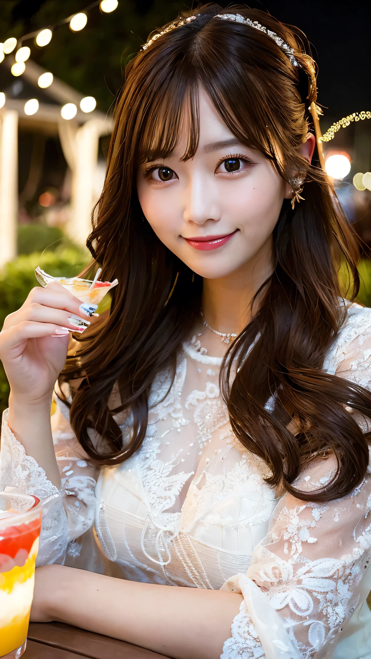 masterpiece, best quality, 1 beautiful woman, at an outdoor , holding a drink, fairy lights, warm atmosphere, candid smile, Instagram-worthy
