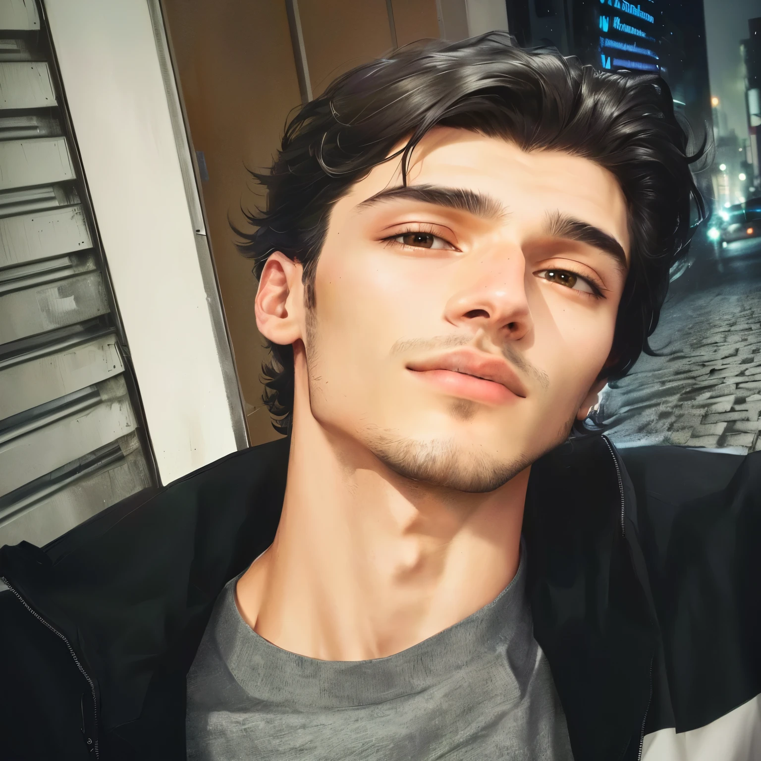 trimmed man in a black jacket and a gray shirt, Matthew 9 5, Adrian Girod, inspired by Luca Zontini, federico pelat, mateo dineen, Jakub Gazmercik, half body head shot, by João Lucas, Rafael Personaz, inspired by João Lucas, by Amélia Peláez, diego fernandez, max carlier