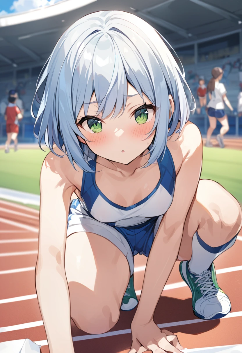 Light blue hair、Short Bob、Deep green eyes、Small breasts、Age 25、Athletics Stadium、bikini track and field uniform、Crouching Start