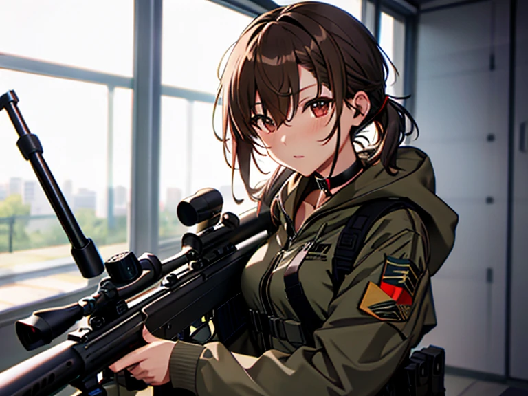 rifle, Sniper, Sniper, Prone, Misaka Mikoto, 1girl, black choker, uhd, retina, masterpiece, ccurate, anatomically correct, textured skin, super detail, high details, high quality, best quality, highres, 4K