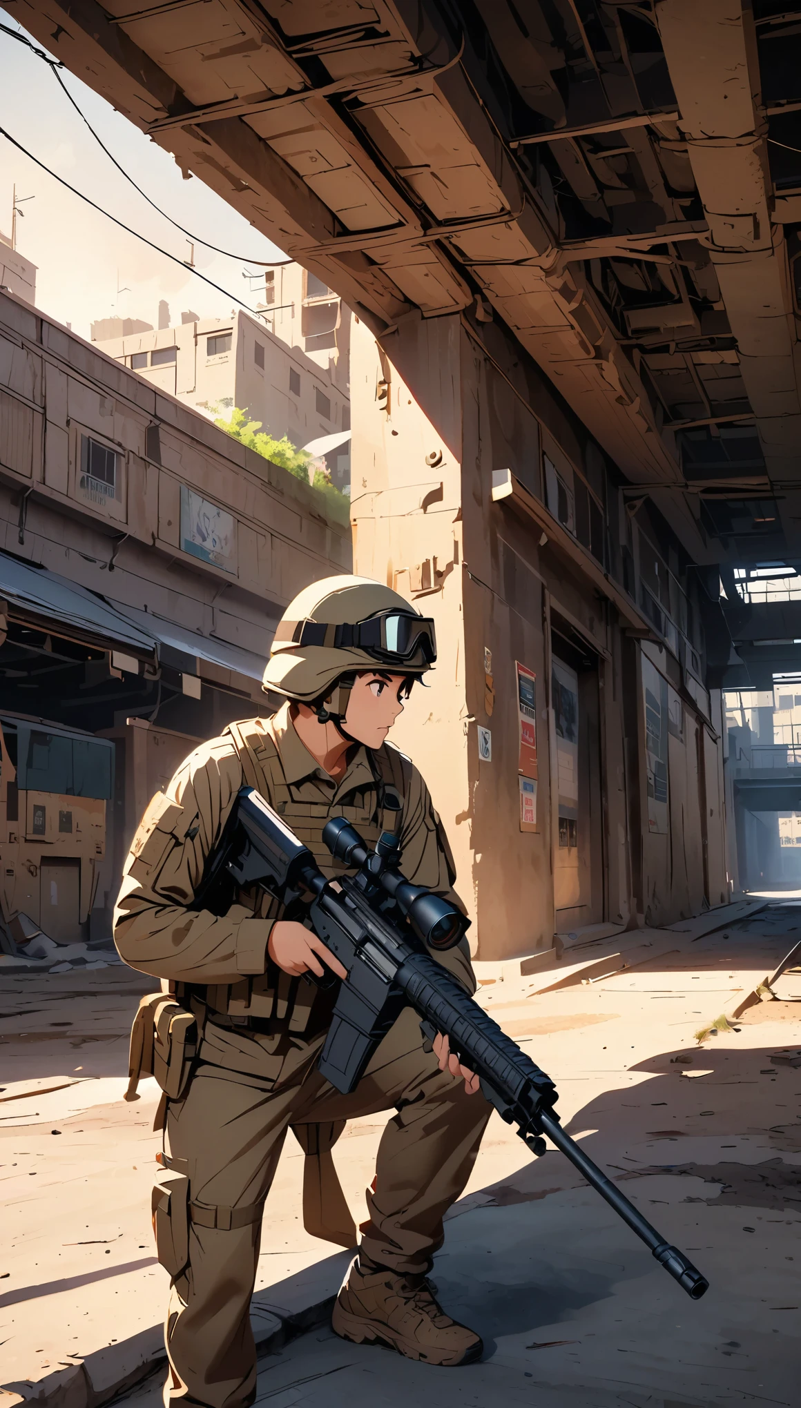 Detailed Sniper、Super detailedな狙撃兵のイラスト、1 Sniper、Sniper rifle、Night vision goggles、Camouflage、Detailed Firearms, military environment、Dark atmosphere lighting、Dramatic Shadows、Highly detailed face and eyes、Digital illustration、Cinematic composition、masterpiece、8k、Super detailed、Anime Style、Dramatic lighting、military environment、A calming color palette