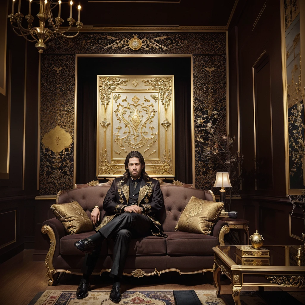 A man is sitting on a chair in front of a painting, Fan Art, 平衡的masterpiece, TV still frame, 昂贵的masterpiece, in frame, Inspired by Carlo Mense, masterpiece肖像, Very emotional, Inspired by Kristás Georgiou, 极致品质masterpiece, Single portrait, 雄伟的masterpiece, Handsome man, Constantine Andrew (Constantine Andreou) of inspirationMIRROR OF ENCHANTMENT CLASSIC 是視覺焦點 ，DIOR advertising style，furniture advertising graphic photography，Italian castle living room, gold and luxurious materials, The award-winning&quot;, extremely opulent, Renaissance style, 意大利masterpiece, 伟大的masterpiece, masterpiece&#39;,A man is sitting on a chair in front of the MIRROR OF ENCHANTMENT CLASSIC, Fan Art, 平衡的masterpiece, TV still frame, 昂贵的masterpiece, in frame, Inspired by Carlo Mense, masterpiece肖像, Very emotional, Inspired by Kristás Georgiou, 极致品质masterpiece, Single portrait, 雄伟的masterpiece, Handsome man, Constantine Andrew (Constantine Andreou) of inspiration