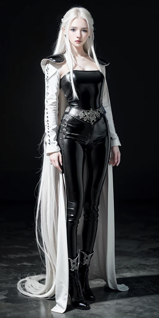 masterpiece, Top quality, RAW Photo, Highest Quality Image, 16K, White hair. Porcelain skin. Beautiful expressive eyes. Sweet and beautiful face. Fantasy clothing. Fantasy world. Black and white clothes. A slender girl in black leather trousers, armor, shoulder pads and comfortable beautiful clothes. Leather boots. Full length from head to toe. Prominent shoes and boots.