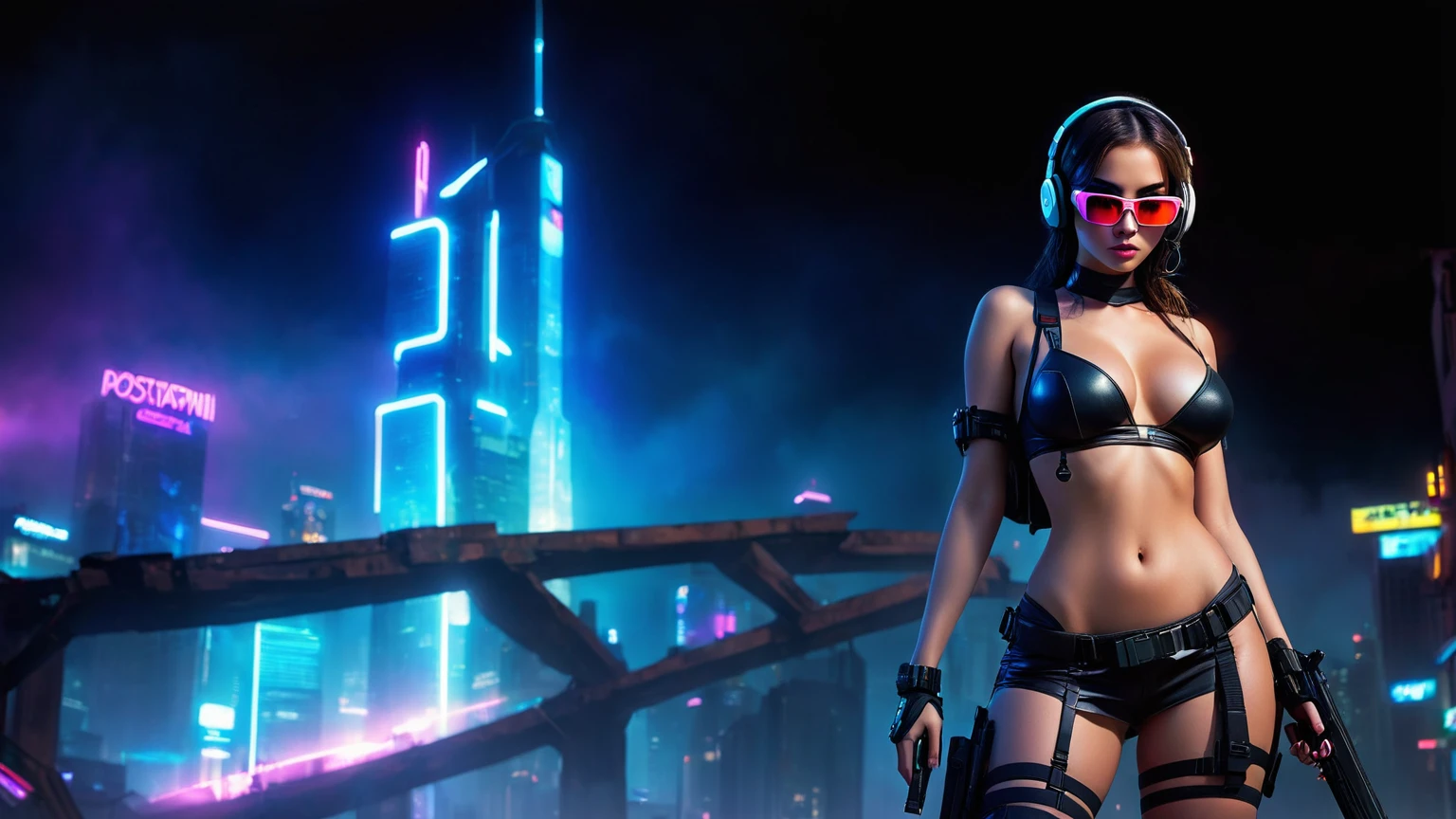 dark futuristic landscape, at night, neon lights, Atmospheric fog, large buildings in the background, futuristic city, streets with open shops, skyscraper (postapocalyptic city:1.3). (((1girl, solo, alone))), large-breast:1.2 slim body, cleavage:1.1, sexy miniskirt, (((headphone, black sunglasses, standing and holding pistol pose))), (((half-body thigh level medium shot))), cinematic lighting, lens flare, ray tracing.