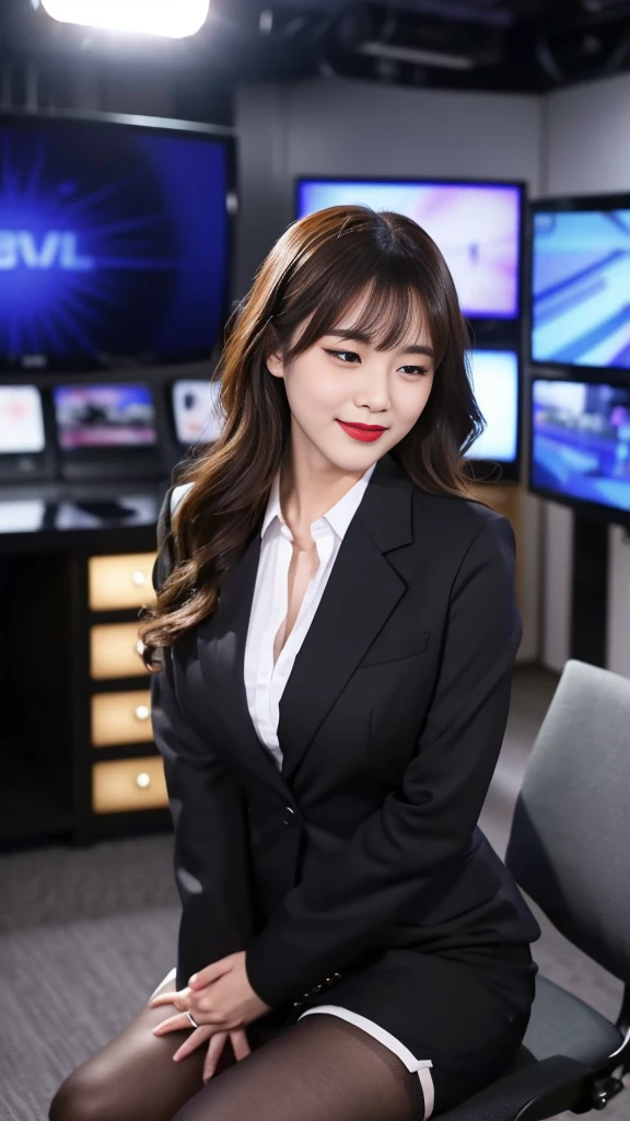 (8k、RAW Photos、Highest quality、masterpiece:1.2)、(Realistic、Realistic)、detailed、Japanese、Attractive beauty、Attractive adult woman、Beautiful woman、Sharp Eye、Cool girl、Wavy Hair、Swept-apart bangs、Black business suit、pantyhose、Shining beautiful legs、lipstick、Lip gloss、Heavy makeup、Grin、evilな表情、evil、Hollow Eyes,Half-closed eyes、Hollow Eyes、evil、Television Station、News Studio、Are standing