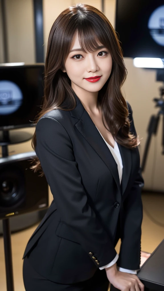 (8k、RAW Photos、Highest quality、masterpiece:1.2)、(Realistic、Realistic)、detailed、Japanese、Attractive beauty、Attractive adult woman、Beautiful woman、Sharp Eye、Cool girl、Wavy Hair、Swept-apart bangs、Black business suit、pantyhose、Shining beautiful legs、lipstick、Lip gloss、Heavy makeup、Grin、evilな表情、evil、Hollow Eyes,Half-closed eyes、Hollow Eyes、evil、Television Station、News Studio、Are standing