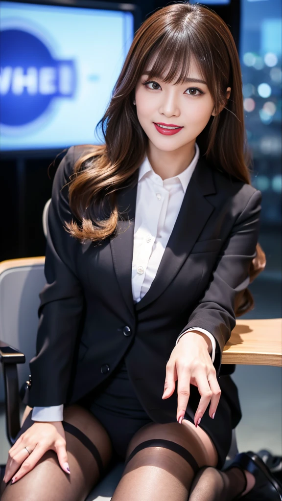 (8k、RAW Photos、Highest quality、masterpiece:1.2)、(Realistic、Realistic)、detailed、Japanese、Attractive beauty、Attractive adult woman、Beautiful woman、Sharp Eye、Cool girl、Wavy Hair、Swept-apart bangs、Black business suit、pantyhose、Shining beautiful legs、lipstick、Lip gloss、Heavy makeup、Grin、evilな表情、evil、Hollow Eyes,Half-closed eyes、Hollow Eyes、evil、Television Station、News Studio、Are standing