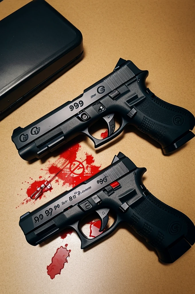 Anime style Glock with pill bullets and 999 written in blood on handle
