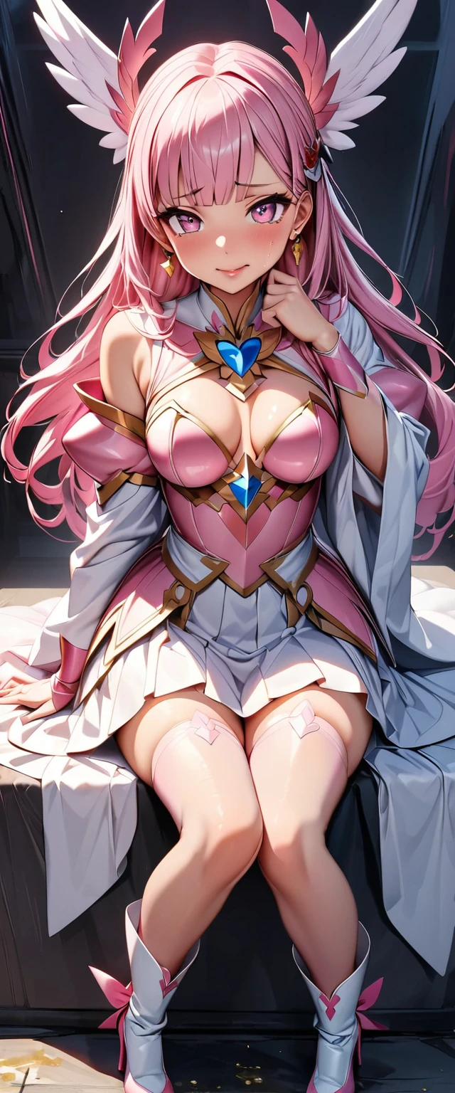(Perfect Anatomy)、Mastepiece、Ultra High Quality、 8k、masterpiece、Highest quality、Ultra-high resolution、Maximum resolution、Very detailed、Professional Lighting、anime、woman、thin、so beautiful、Highly detailed eye、Highly detailed face、Golden earrings、Pink Hair,、Pink eyes、Detailed costume patternid-chest, pink lips, upper arm pink armor, white leotard, pink pattern, full body, magical girl, Angel Girl, Are standing, pink thigh high stockings, white super long boots, pink gauntlet, high heels, hime cut, bridal hair accessory, paladin robe, wariza, girl sitting, put your hand on your cheek, (Sob stricken face), (pee in one's pants)