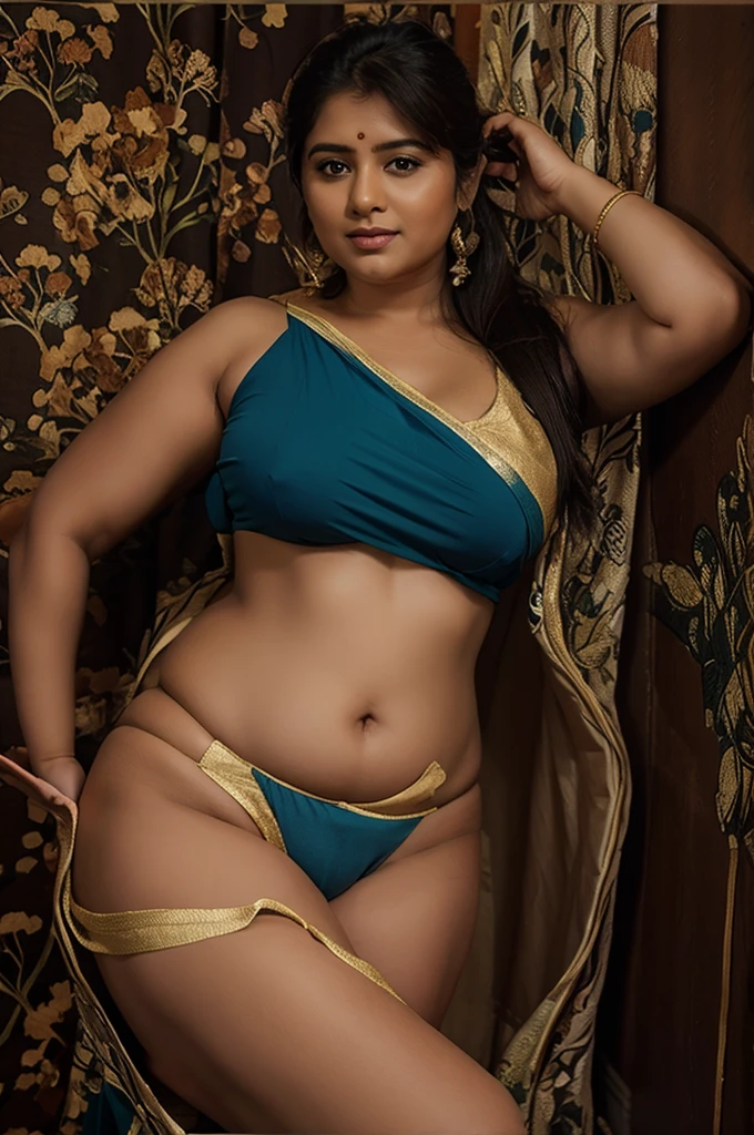 A indian.plus size bhabhi wearing blue saree and green blouse, she has big belly wide hips, fat legs