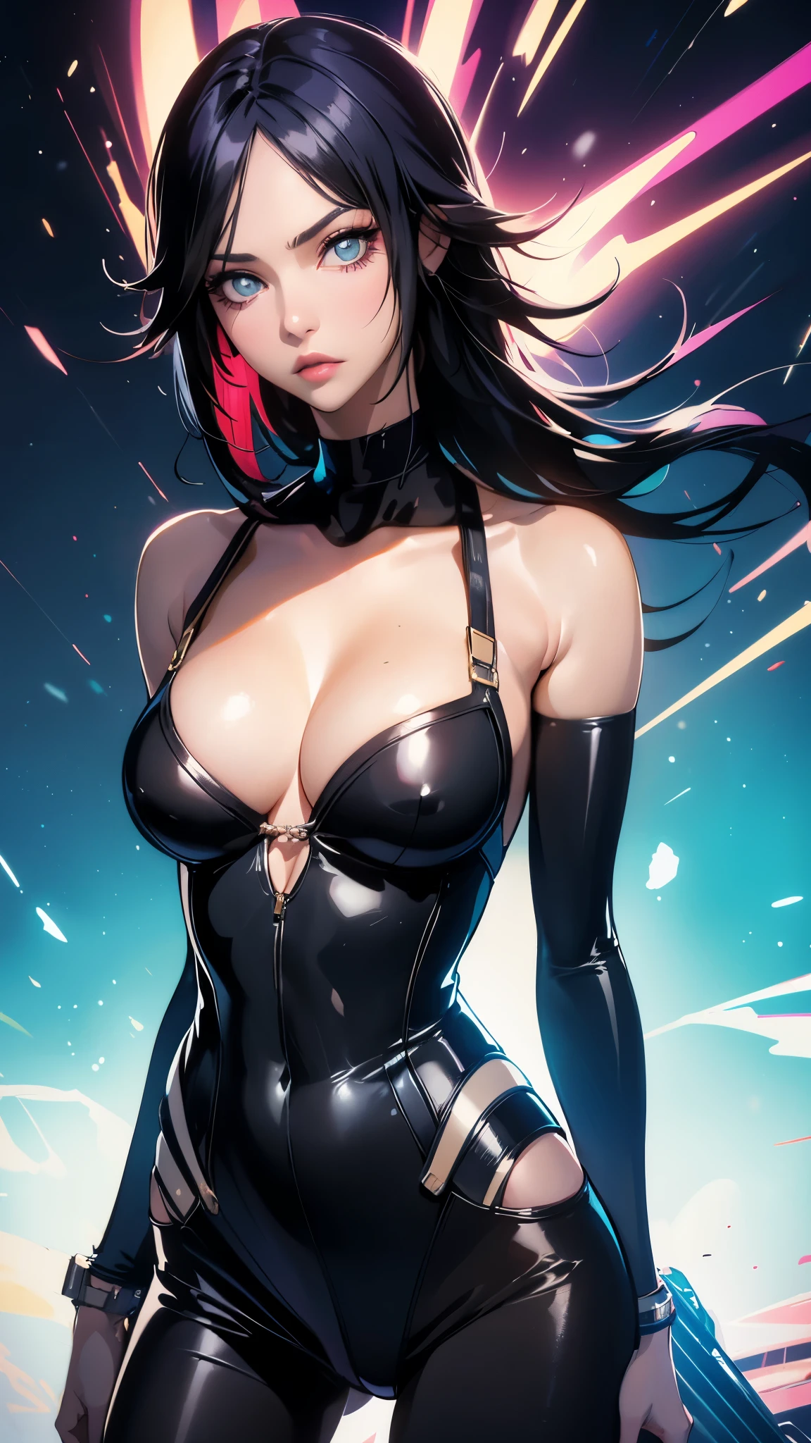 (best quality,highres:1.2),ultra-detailed,realistic,photorealistic:1.37,a beautiful girl (Yoruichi Shihouin - Bleach) model in a pop style,18 years old,long legs,medium breasts,extremely detailed face (with emphasis on azure eyes),Her black-colored hair falls to her shoulders,She is dressed in provocatively erotic outfits that emphasize her slender sexy body,bent down, lifting her ass to the top,more sexy pose,illustration,colorful pop art style,dynamic lighting,neon colors.Nsfw