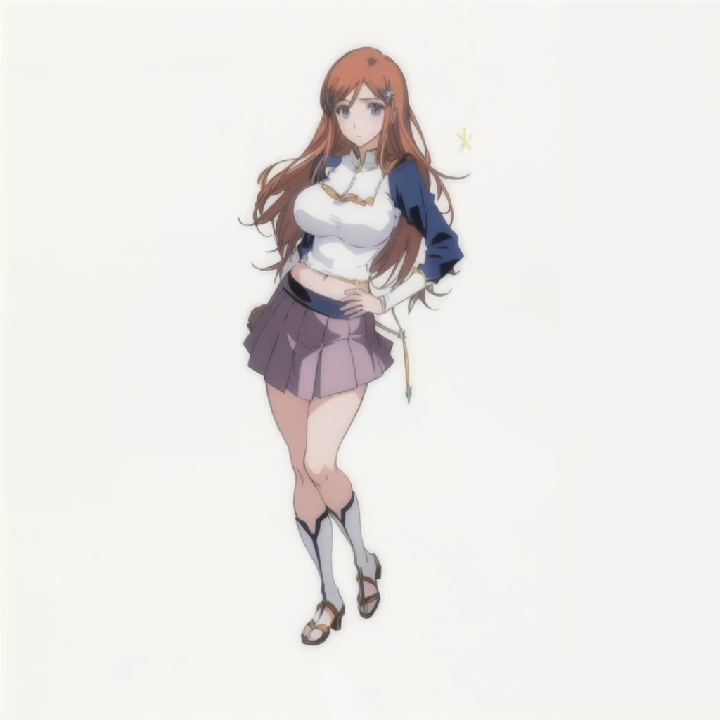 anime girl in a short skirt and top posing for a picture, seductive anime girl, official character illustration, ( ( character concept art ) ), by Yasutomo Oka, beautiful alluring anime woman, big boob, brown hair, yellow hairpin, Blue eyes, mature lady