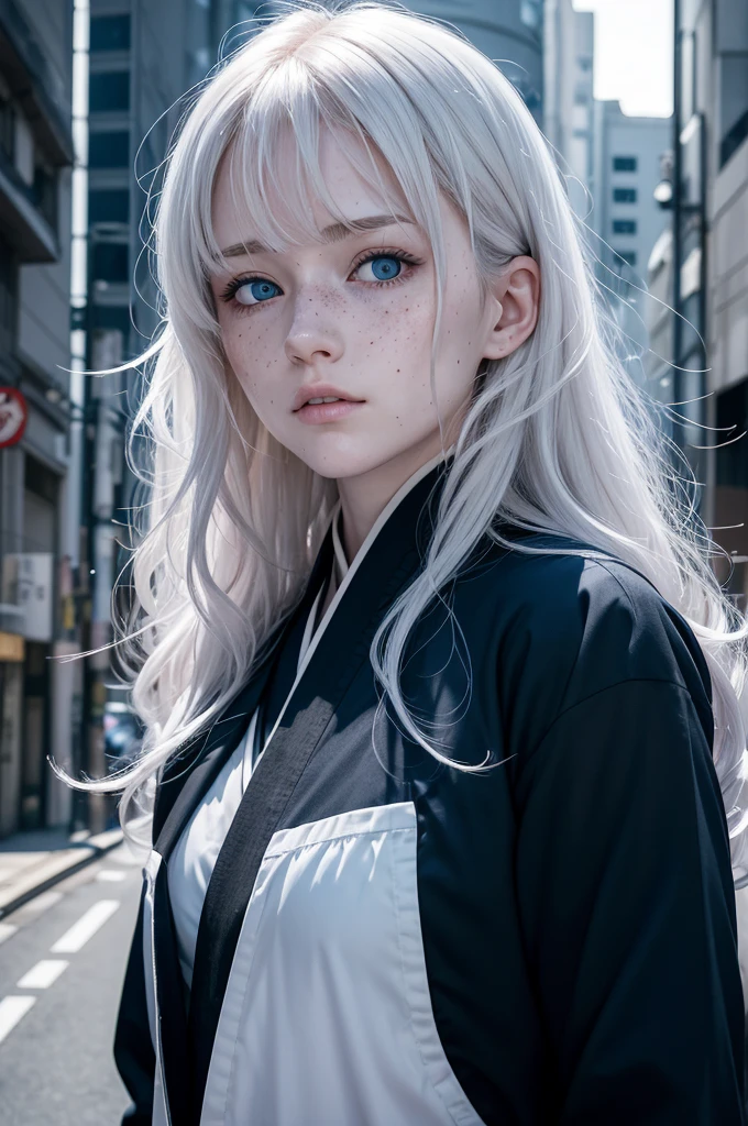 Jujutsu kaisen comic panel Woman with pale skin, slightly pink cheeks, freckles all over the face, long wavy hair, bangs that frame your face, dark blue and white hair, several white strands, striking dark blue eyes, wearing a jujutsu uniform in tokyo city.