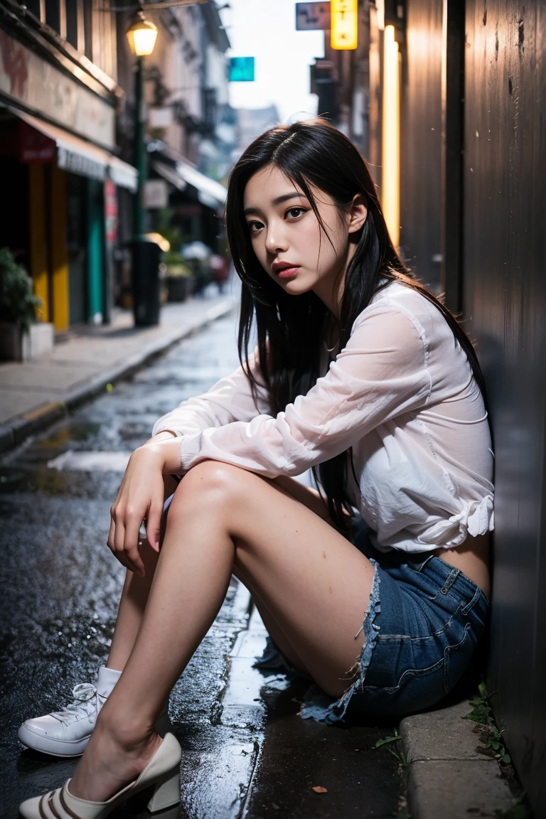 Beautiful woman, Sitting in the alley, Dirty and torn clothes, Sad face, Under the Rain, At night