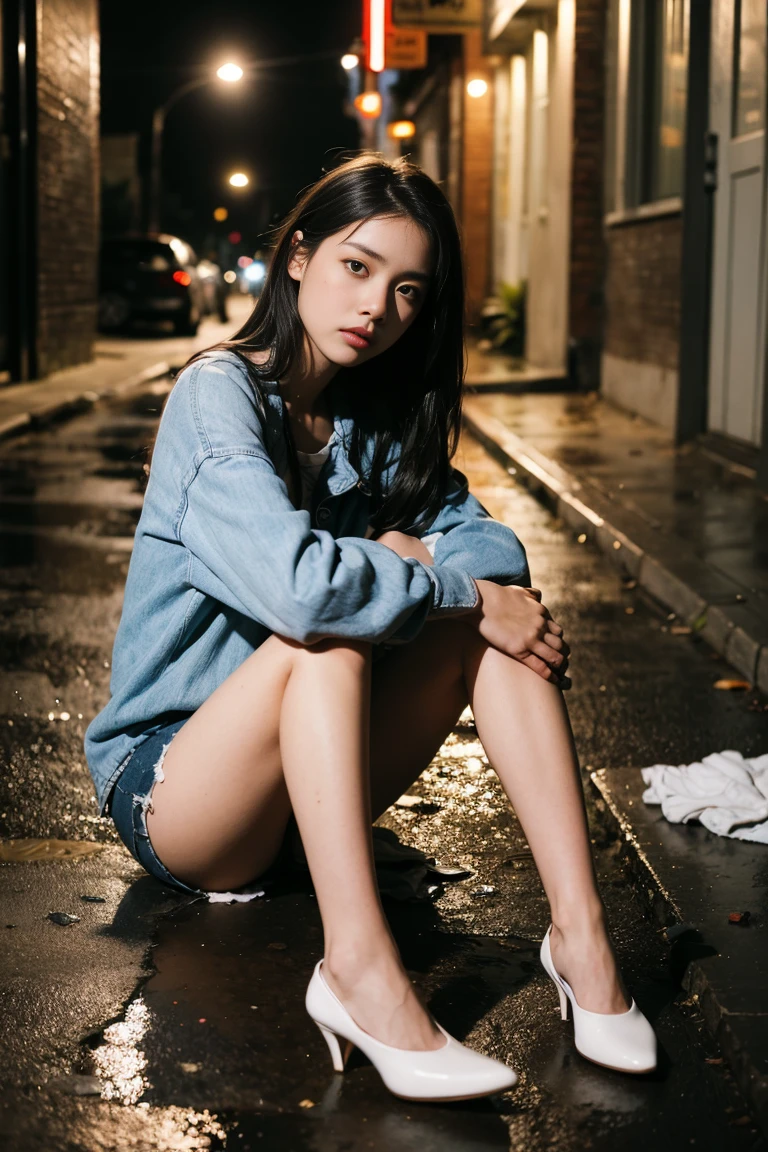 Beautiful woman, Sitting in the alley, Dirty and torn clothes, Sad face, Under the Rain, At night