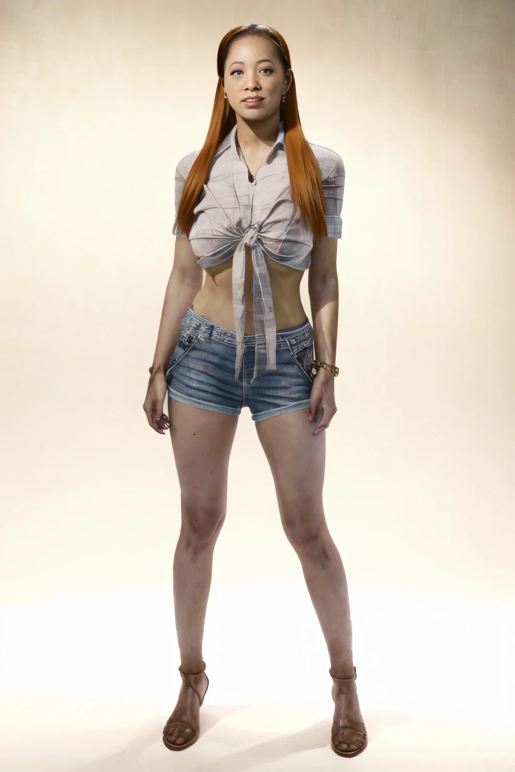 ((gather legs:1.4)),(((sexy:1.4,cute:1.4))),((simple background:1.4)),((full body:1.4)),((red shorts:1.4)),(photo realist: 1.4), (hiper realist: 1.4), (realist: 1.3), (smoother lighting: 1.05), (Improve the quality of movie lighting: 0.9), 32K(Aumentar a beauty da textura da pele: 1.4, better quality, (beauty), (masterpiece:1.4), (Physically based rendering:1.4), (ultra high resolution:1.4), (best quality:1.4), (Connie Taylor:1.4), (standing:1.2), long hair:1.2),(tied shirt:1.2), (earrings:1.2), (navel:1.2), (beauty face:1.2), (big breast:1.2)