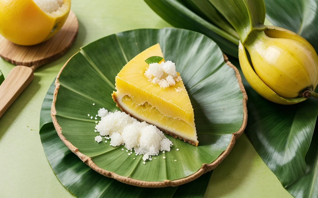 Green Mangoe slice with salt, Chily on Green banana leaf