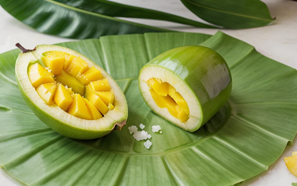 Green Mangoe slice with salt, Chily on Green banana leaf