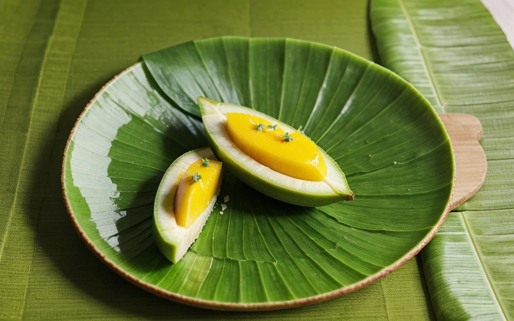 Green Mangoe slice with salt, Chily on Green banana leaf