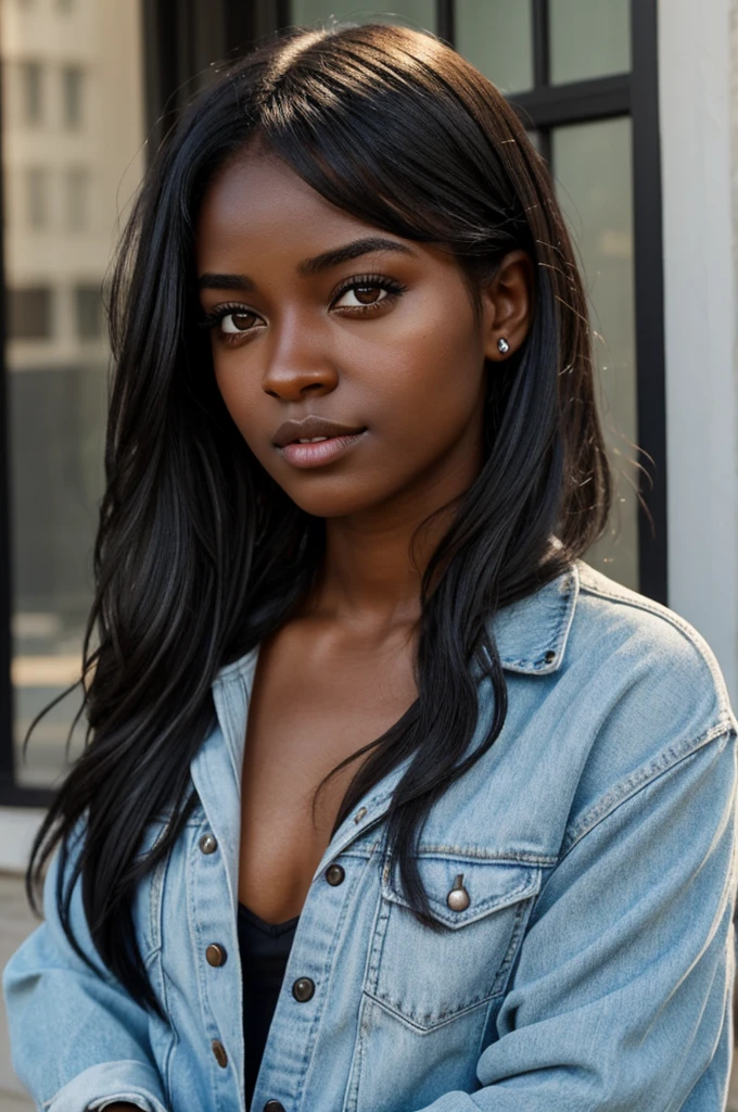 Create a 23-year-old girl with dark hair and dark-skinned black eyes.