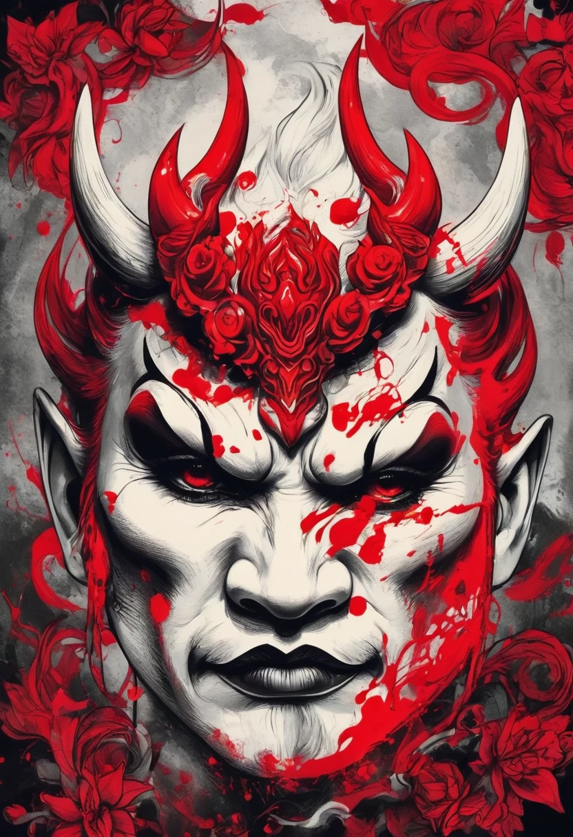 Illustration of Hannya mask, red mask, japanese art style, inspired by kawanabe kyōsai, mysterious, (Unity 16K Wallpaper, masterpiece, Best Quality, high quality, Ultra-detailed, extremely details CG)