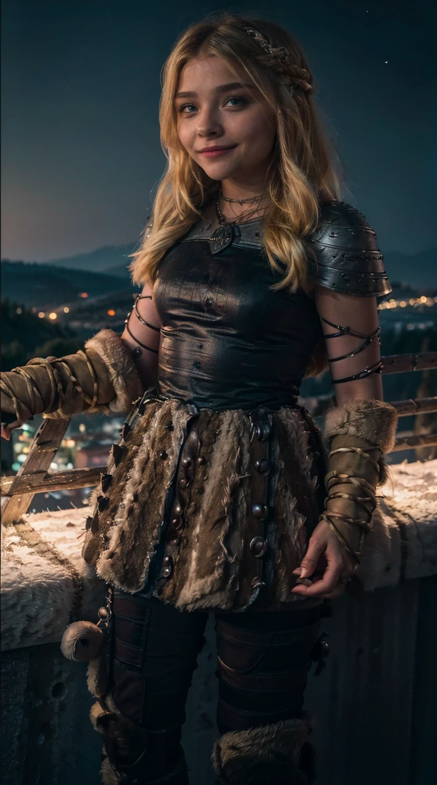 Masterpiece, Best quality,, (photorealistic1.4), (UHD), (epiCRealLife), (flashphoto),, (photorealistic1.4), (Chloe Grace Moretz smile), (chl03gm), (Astrid Hofferson Costume), (astrid_Character outfit), (Astrid Armor) (AstridWaifu), (cowboy shots), (Medieval outdoor), (castle landscape), (at night), (night time), (moon light),