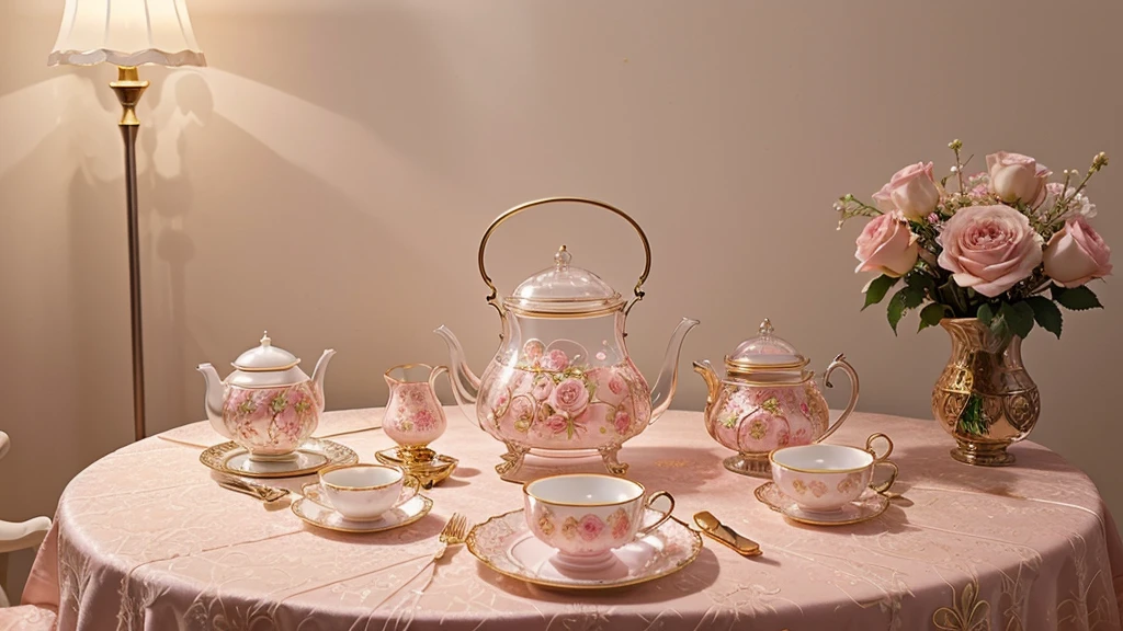 Elegant tea set Made entirely from clear glass. In a bright light pink tone The glass tea pot and saucer are intricately decorated with gold and pearls. It has a clock face embedded inside a clear glass tea pot. The set is arranged on a beautifully detailed floral tablecloth. The background consists of soft light, glow and delicate pink flowers. Create a complex and fascinating atmosphere. The overall scene is bright and cheerful. There is a sense of uniqueness and sophistication.