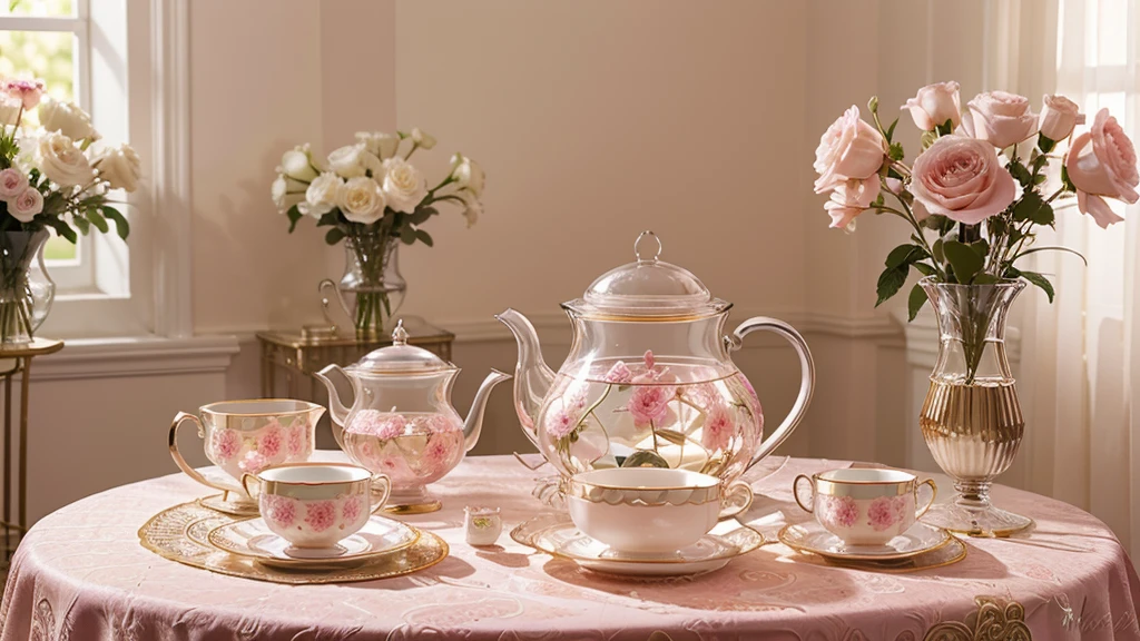 Elegant tea set Made entirely from clear glass. In a bright light pink tone The glass tea pot and saucer are intricately decorated with gold and pearls. It has a clock face embedded inside a clear glass tea pot. The set is arranged on a beautifully detailed floral tablecloth. The background consists of soft light, glow and delicate pink flowers. Create a complex and fascinating atmosphere. The overall scene is bright and cheerful. There is a sense of uniqueness and sophistication.