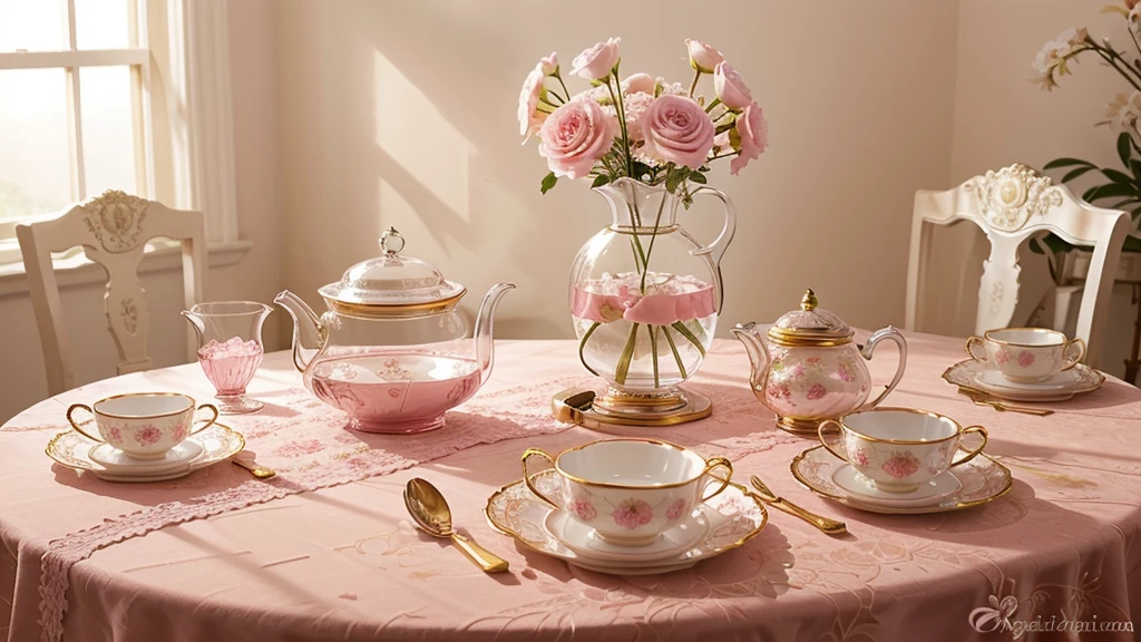 Elegant tea set Made entirely from clear glass. In a bright light pink tone The glass tea pot and saucer are intricately decorated with gold and pearls. It has a clock face embedded inside a clear glass tea pot. The set is arranged on a beautifully detailed floral tablecloth. The background consists of soft light, glow and delicate pink flowers. Create a complex and fascinating atmosphere. The overall scene is bright and cheerful. There is a sense of uniqueness and sophistication.