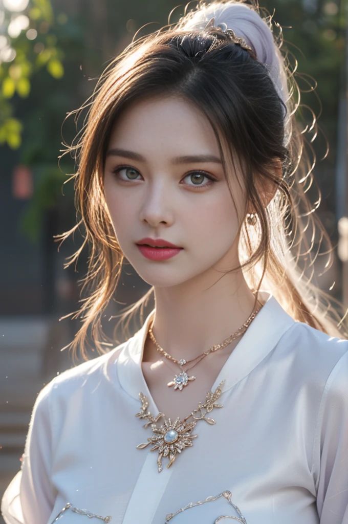 1 beautiful girl in Hanfu costume, ((white thin purple silk shirt with a lot of texture)), white lace top, long purple platinum ponytail Hair, Jewelry, ear jewelry, necklaces and necklaces, carefully drawn big purple eyes, makeup careful, thin eyebrows, high nose, beautiful red lips, no smile, pursed lips, rosy cheeks, wide breasts, big breasts, proportional breasts, slim waist, purple fishnet socks, chinese hanfu style, fictional art texture, colorful bright and realistic, RAW Photo, Realistic Photo, ultra high quality 8k surreal photo, (effective fantasy light effect: 1.8), 10x pixels, magical effect (Background): 1.8), ultradetailed eyes, full body portrait of girl , Chinese royal garden background, dynamic pose