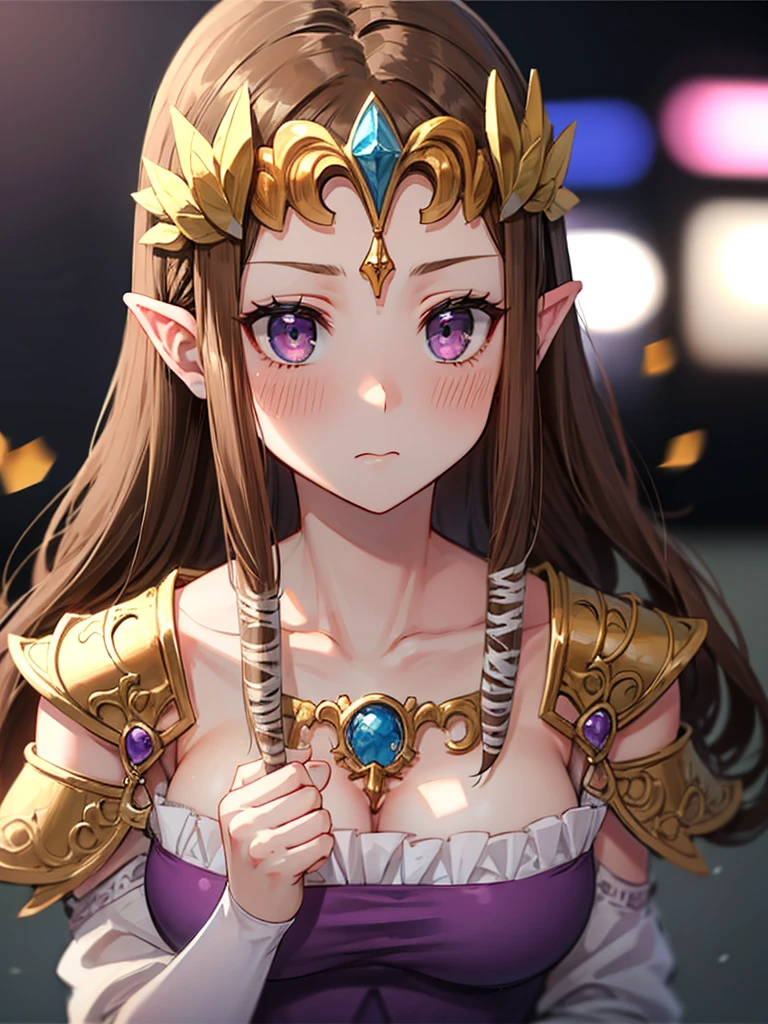 ((surprised),((Scared)),((valley)),((((Exposed shoulders)))),(((look up))),,(((Golden hair ornament)),,(((Long Hair)))),((Big Breasts)),((((Exposed shoulders)))),((front)),Princess Zelda, ((Highest quality)),,(Very detailed) ,((Purple blouse)),Brown Hair,((Embarrassed look)),blush, ((Highest quality)), (Very detailed), ,(((Dark brown hair))),Nintendo, (Straight hair), face,blush,((alone)), ((Highest quality)), (Very detailed), ,