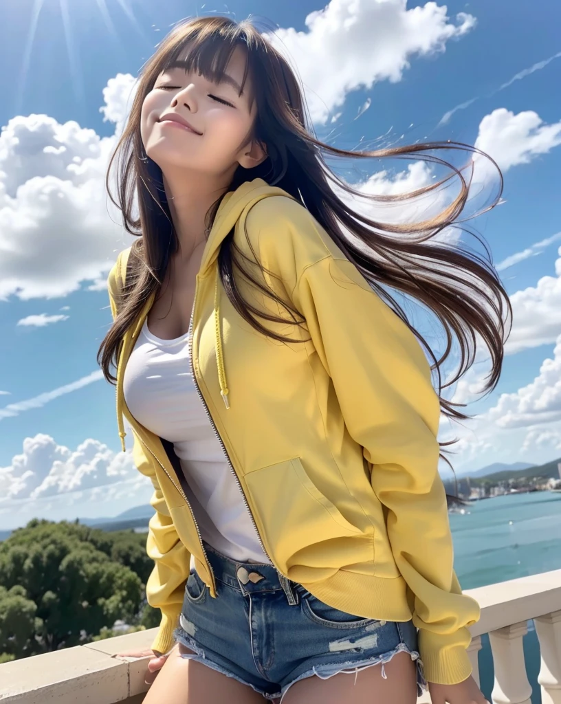 (Highest quality, 32k, High resolution, Masterpiece:1.5, ), god々A girl with a dazzling and healing power, Falling from above the clouds, Expressing emotions, Have a rich imagination, Cute Japanese Girls, Perfect Human Anatomy, Magical big eyes, Motherhood and generosity, Deep Love, ((Eyes closed:1.6)), Shiny Blonde, Super long straight silk hair swaying in the wind, Asymmetrical bangs, Hair between the eyes, Transparent, soft white skin, Sharp eyebrows, Thin lashes, Natural Makeup, Cheek highlighter, Detailed and cute lips, (Yellow zip-up hoodie with a white tank top:1.2), ((Denim shorts:1.2)), Slim figure with ample breasts, Beautifully detailed skies, ((Falling from the sky:1.2)), god秘的