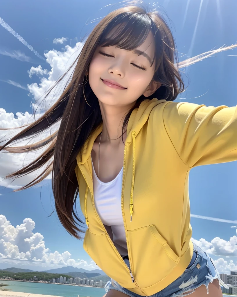 (Highest quality, 32k, High resolution, Masterpiece:1.5, ), god々A girl with a dazzling and healing power, Falling from above the clouds, Expressing emotions, Have a rich imagination, Cute Japanese Girls, Perfect Human Anatomy, Magical big eyes, Motherhood and generosity, Deep Love, ((Eyes closed:1.6)), Shiny Blonde, Super long straight silk hair swaying in the wind, Asymmetrical bangs, Hair between the eyes, Transparent, soft white skin, Sharp eyebrows, Thin lashes, Natural Makeup, Cheek highlighter, Detailed and cute lips, (Yellow zip-up hoodie with a white tank top:1.2), ((Denim shorts:1.2)), Slim figure with ample breasts, Beautifully detailed skies, ((Falling from the sky:1.2)), god秘的