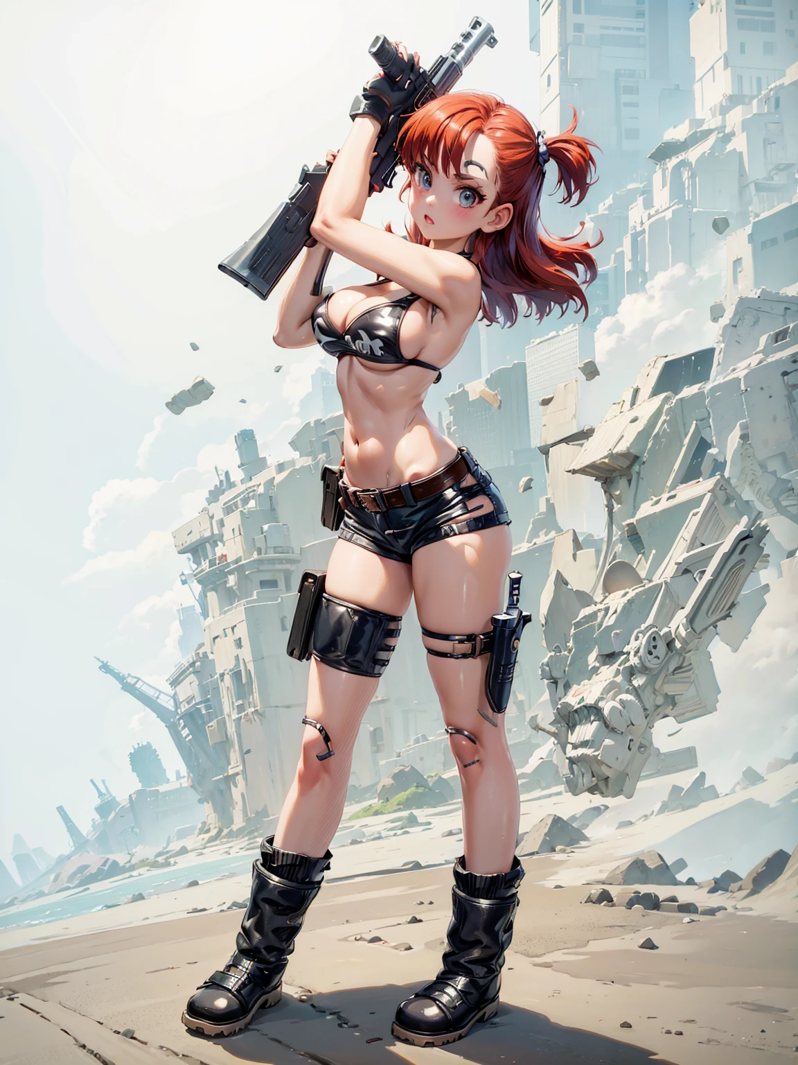 1girl, solo, gun, weapon, Leather Shorts, swimsuit, bulma, holster, boots, bikini, red hair, gloves, breasts, one side up, bikini top only, thigh holster, shorts, short shorts, cleavage, navel, medium breasts, handgun, full body, long hair, midriff, belt, thigh strap