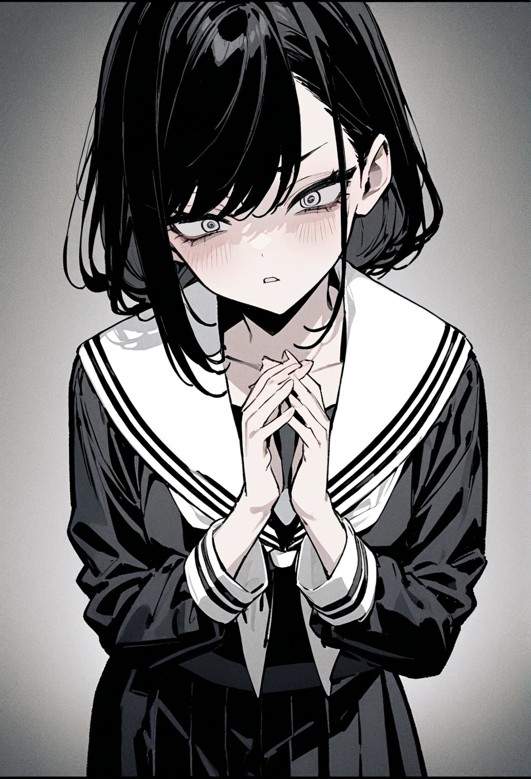 ,1girl, 独奏,high school student、uniform、Jet black hair color、Sailor suit、swept bangs、,Okabo Hair,Shortcuts、Bring your palms forward、whole body,Slanted Eyes、noline:0.8、aggressive、Cat Eyes、Narrow eyes:1.5、Bad mood、newest、Black and White、Lack of color、tone