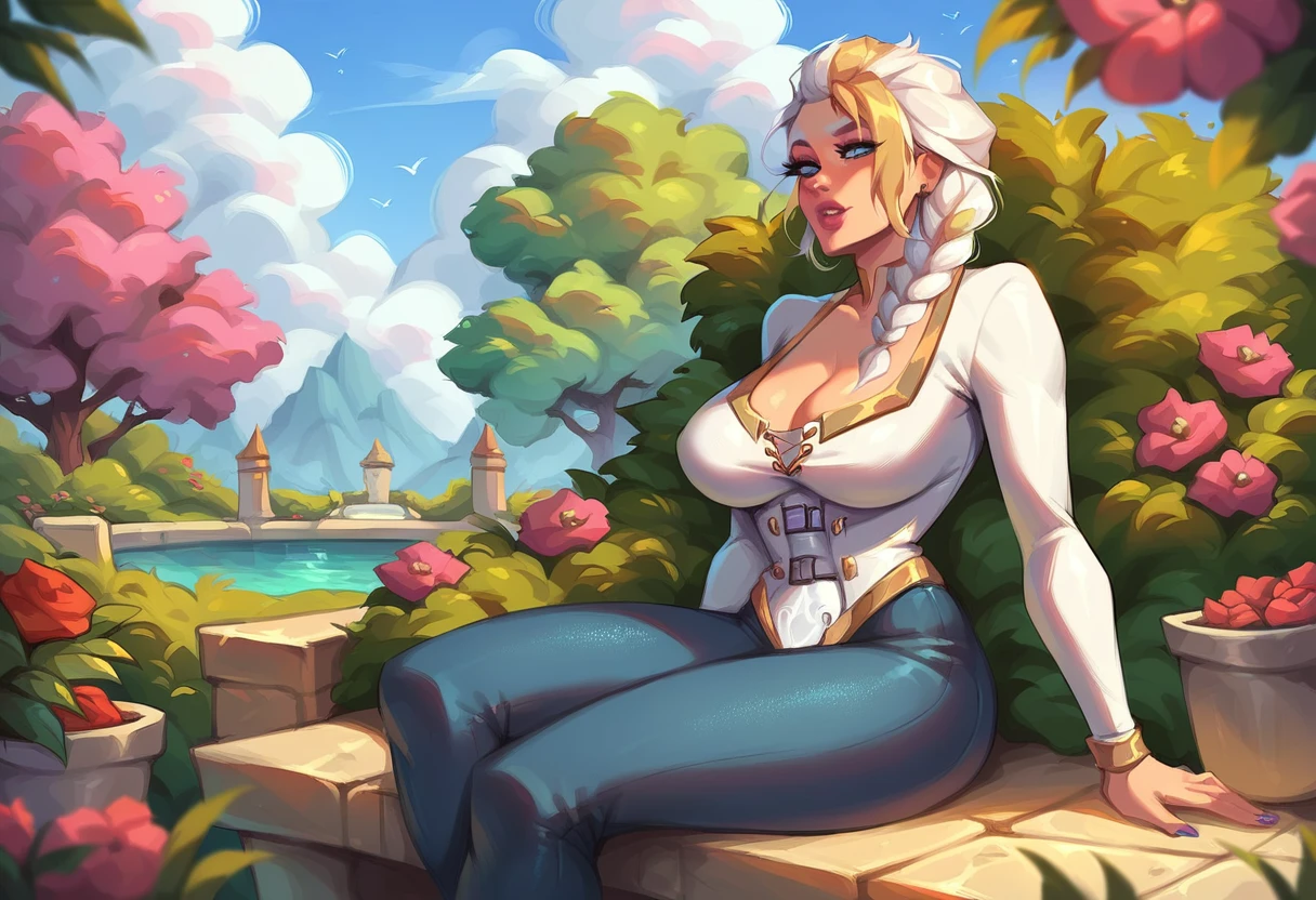 Jaina proudmoore, in old Renaissance painting, large breasts, sitting in garden.