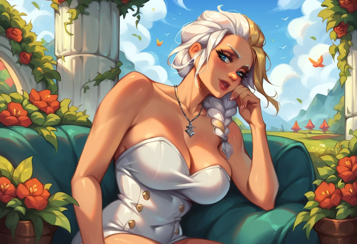 Jaina proudmoore, in old Renaissance painting, large breasts, sitting in garden.