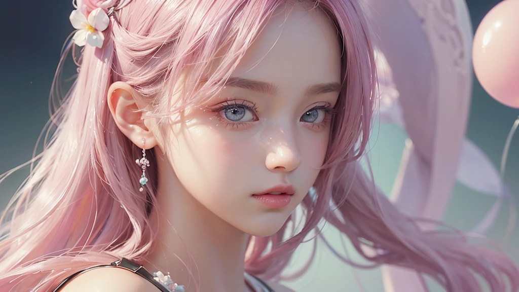 ((masterpiece)). This work is dreamy and fantastical., Soft pink watercolor shades. Generates delicate magical women exploring the bubble gum world in a variety of pastel colors. Her sweet face is extremely detailed and realistic with elegant, Mature features, Puffy, Big lips and stunning, Extremely realistic eyes. Her eyes are important、Be realistic, Very detailed, And it's beautiful. High resolution and detail, Include many details like stars, Milky Way, Colorful bubbles, Colorful petals, And a lot of energy and emotion! Stars and colorful bubblegum bubbles are important! Include fantasy details, Enhanced Details, iris, Colorful sparkling wind, And pollen. Pay special attention to her face、Make sure it's beautiful and realistic in detail。. The image is dreamy、It has to be fantastical..8k, Complex, elegant, Very detailed, Majestic, Digital photography