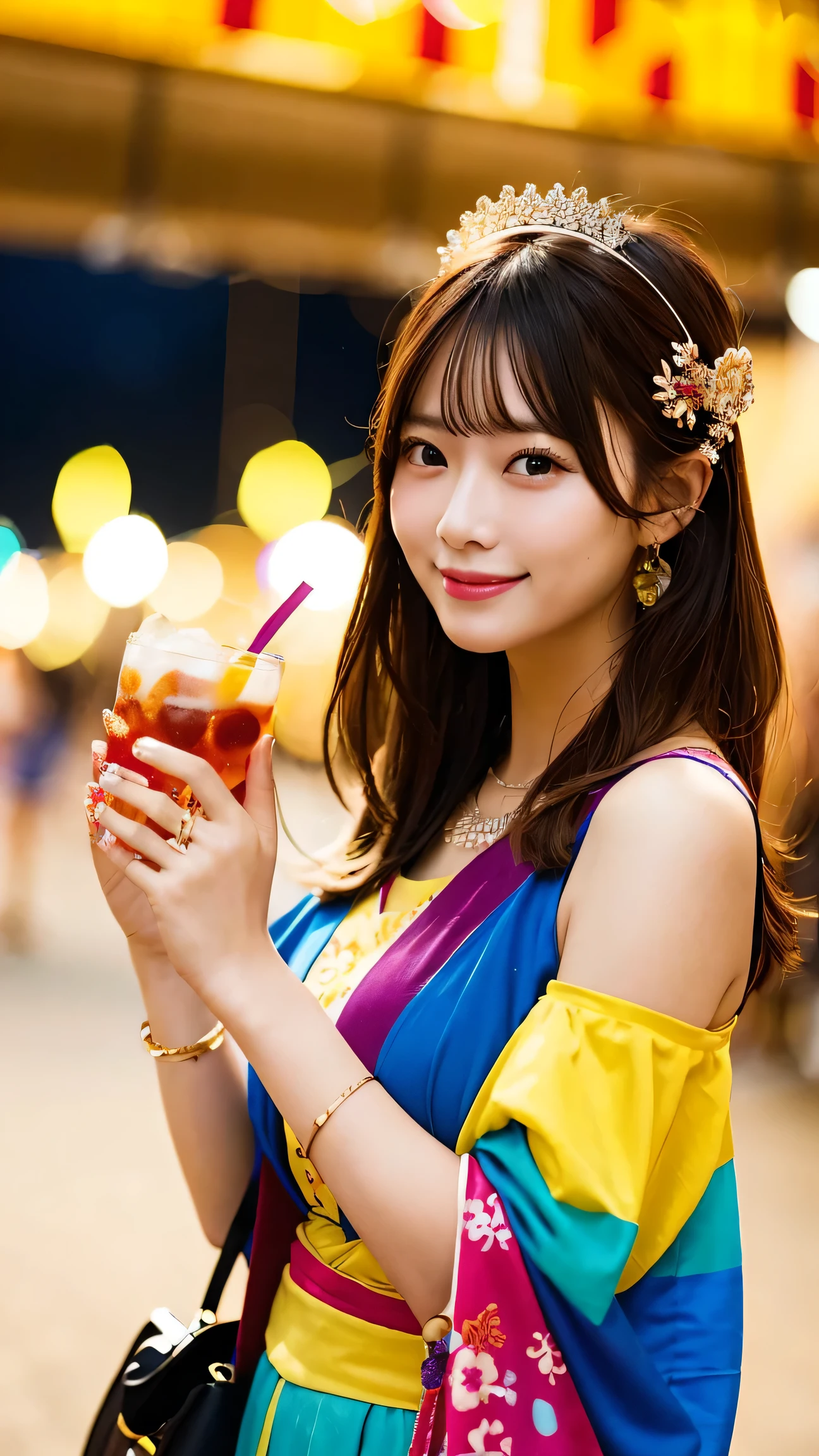 masterpiece, best quality, 1 beautiful woman, festival outfit, vibrant colors, happy expression, holding a drink, summer festival, night lights