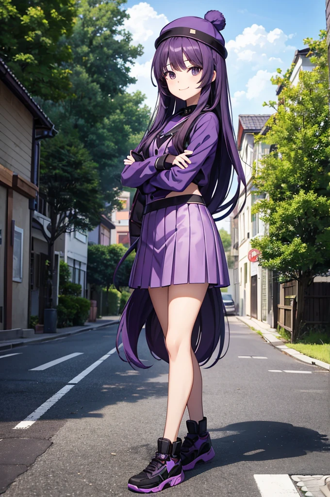 black eyes, standing looking at viewer, outdoors, standing photo pose, smiling both hands down, anime style, long hair, mini rok, sexy, mini rok, 1girl, purple hair, purple clothes with a little green, purple hat, cute, sexy