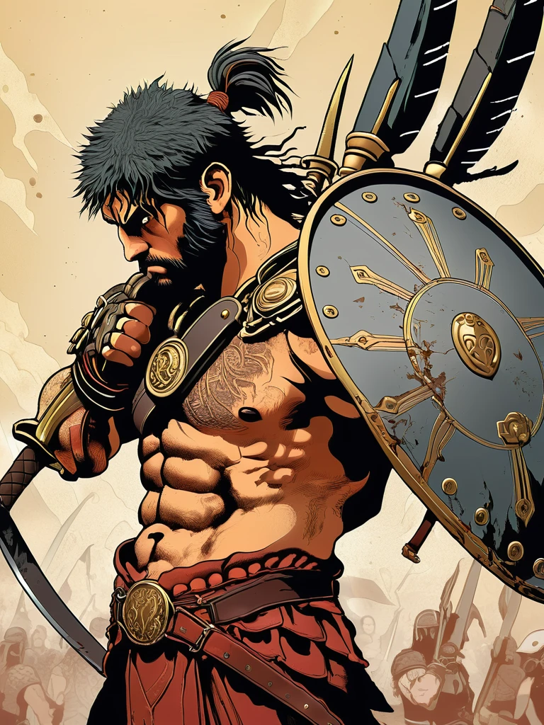 graphical anime portrait of A fierce and battle-worn gladiator, in the heart of an ancient arena:1.4, with scars that tell tales:1.4, holding a weapon of destruction:1.4, a determined expression:1.4, and a longing for freedom:1.4. , 